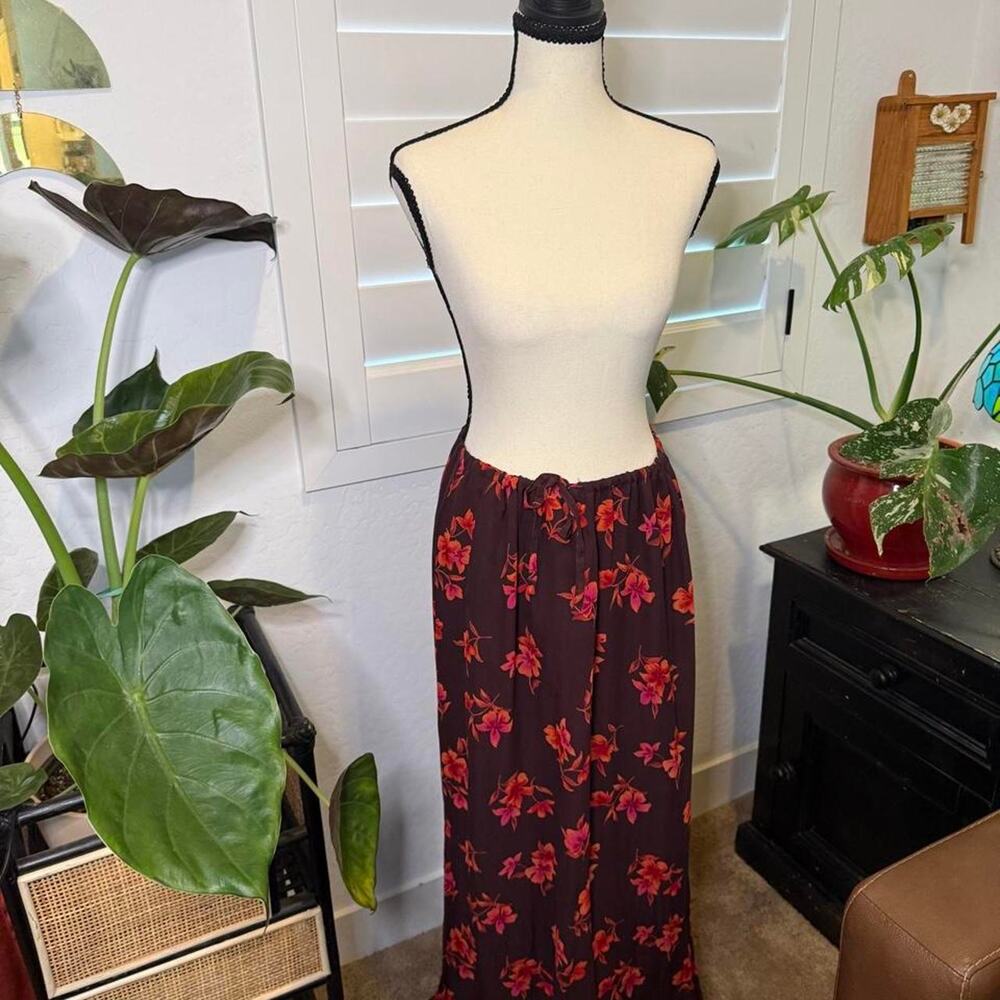 Vintage Y2K Laura Ashley 100% Silk Floral Maxi Skirt Dress Boho Side Slit Sz 10